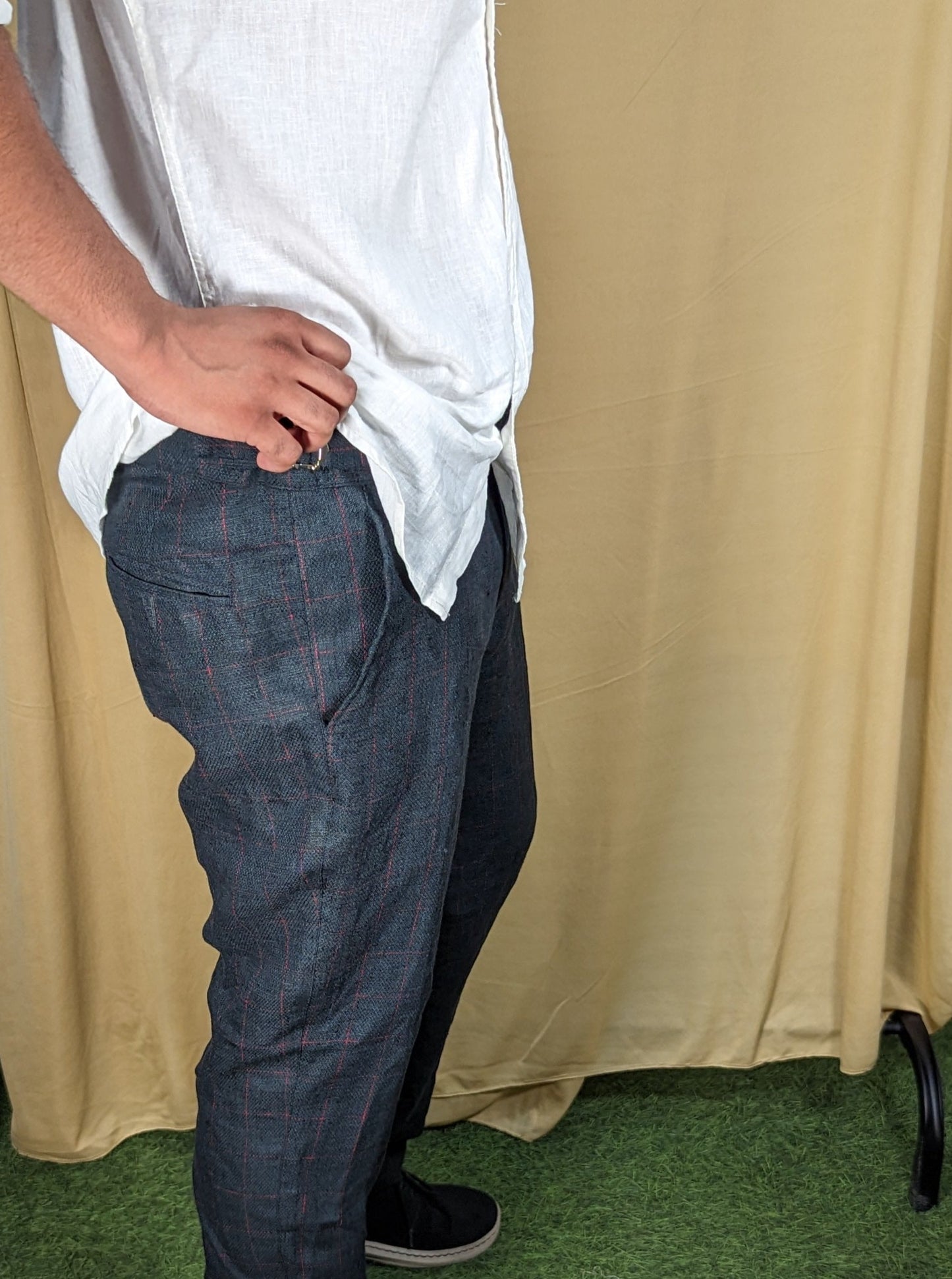 Linen Pants with Adjustable waist buckles. The Pants are in Check and Stripe patterns made with premium fabric and craftsmanship