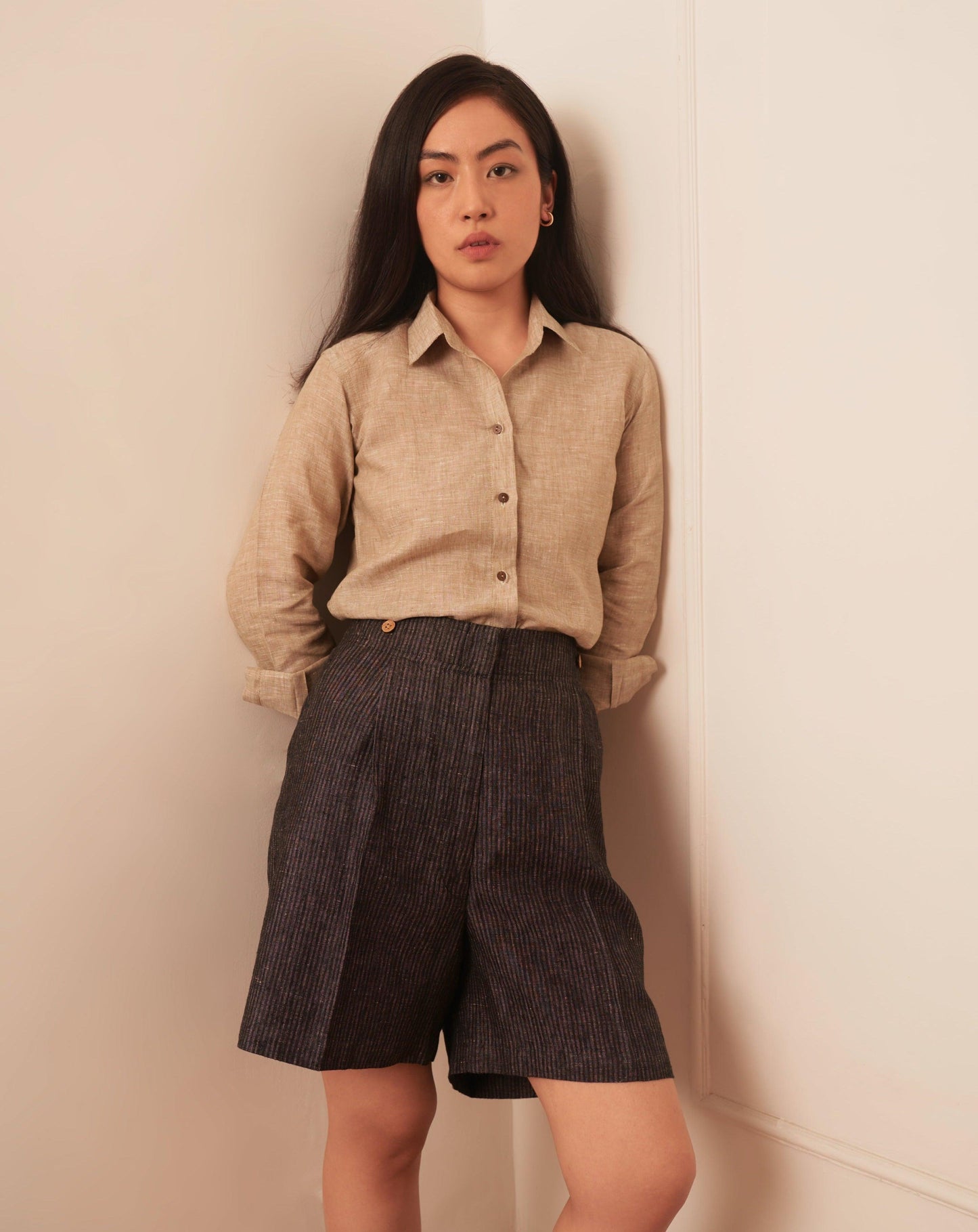 CONCORD Classic Linen Shirt for Women - Tan & Pink - OrganoLinen