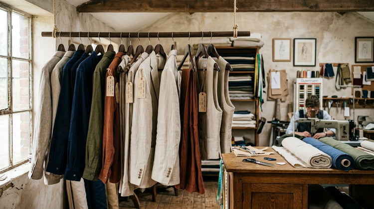 Custom made linen clothes hanging on stand by Organo Linen