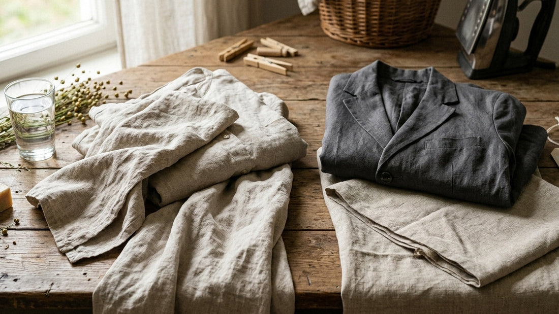 Linen shirt and lined linen blazer side by side on hangers