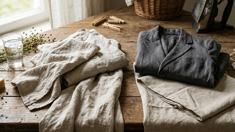 Linen shirt and lined linen blazer side by side on hangers