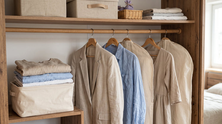 Folded linen shirts and trousers stored in a breathable fabric bag