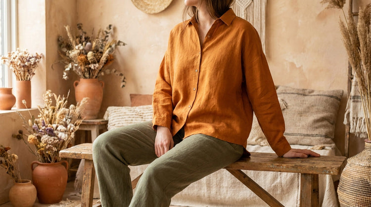 pumpkin and earth toned Linen shirt and trousers by Organo linen