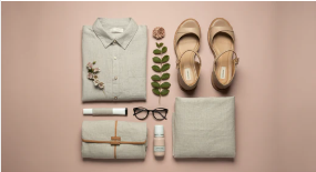 Flat lay of OrganoLinen clothing, accessories, and sandals on a neutral background