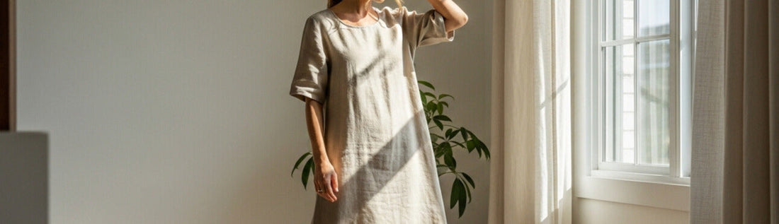 A women standing near window waering linen dress