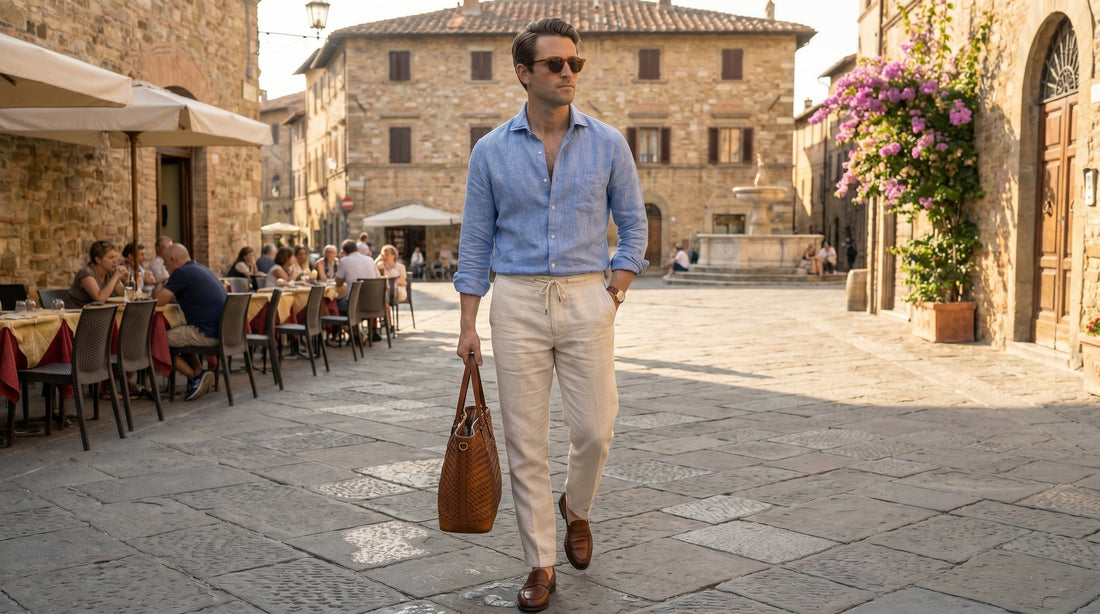 s Man wearing blue linen shirt and beige linen  trousers
