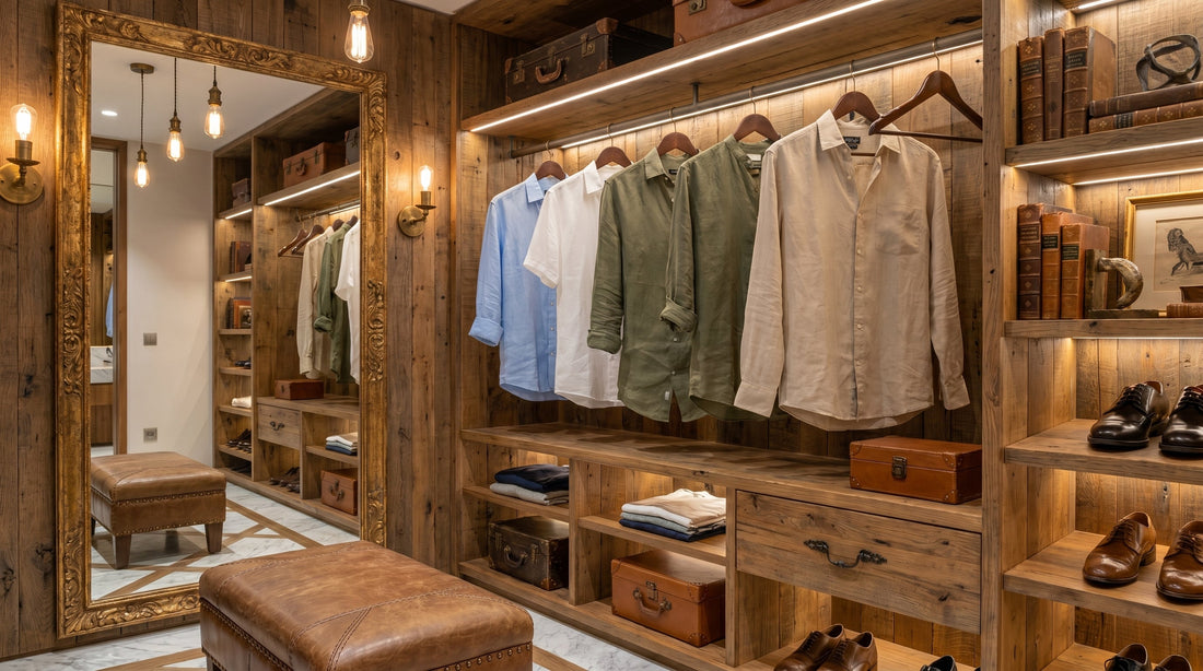 Linen Shirts by Organo linen hanging in the dressing room