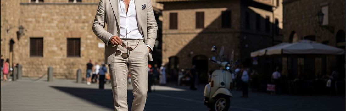beige suit for men by Organolinen