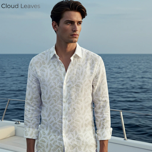 CLOUDWISP-MLS Men's White Printed Linen Shirt – Long Sleeve, Custom Fit