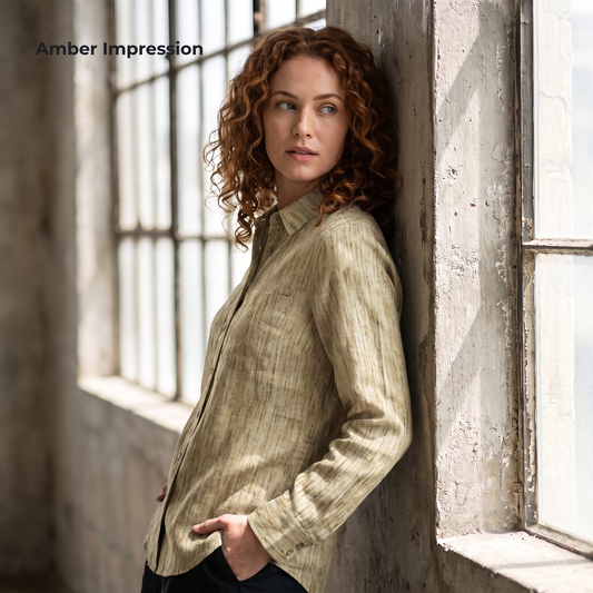 SUNSTROKE-WLS Women's Yellow Printed Linen Shirt – Long Sleeve, Custom Fit