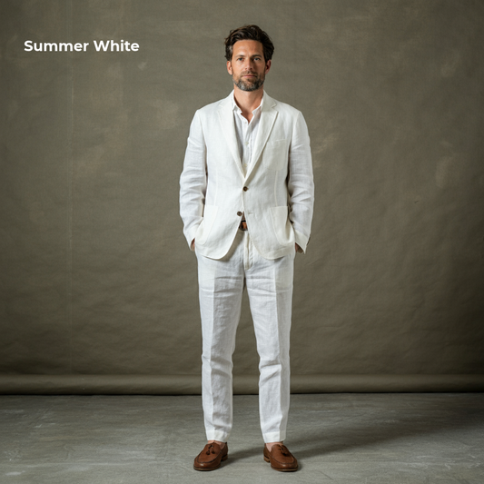 BLANC-M Men’s Unlined White Linen Suit – 2-Piece Set