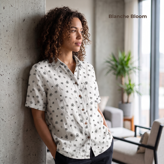 CLOUDWISP-WSS Women's White Printed Linen Shirt – Short Sleeve, Custom Fit