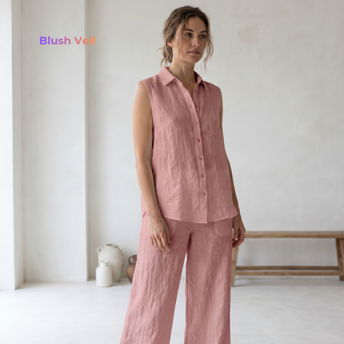 Women's Pure Linen Set in Blush Veil – Elara by OrganoLinen