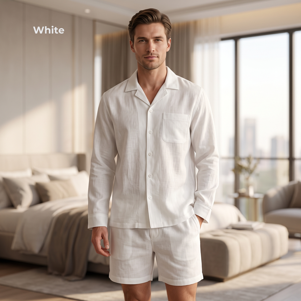 A man wearing a white two-piece pajama set with a long-sleeve button-front shirt and matching shorts, standing in a modern, sunlit bedroom. The word 'White' appears in the upper left corner.