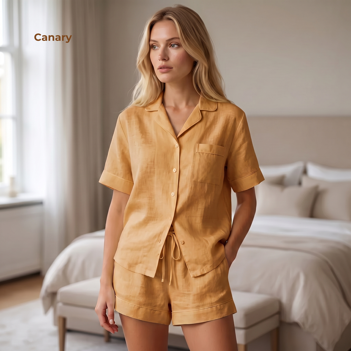 Women’s Pure Linen Pajamas– Short Sleeve Top & Shorts in Canary – Isla by OrganoLinen