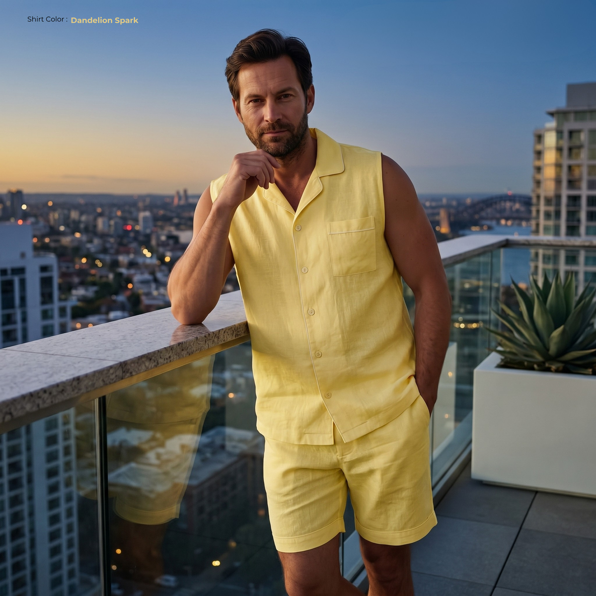 Men's Pure Linen Pajamas Sleeveless Top & Shorts Set in Dandelion Spark – Rex by OrganoLinen