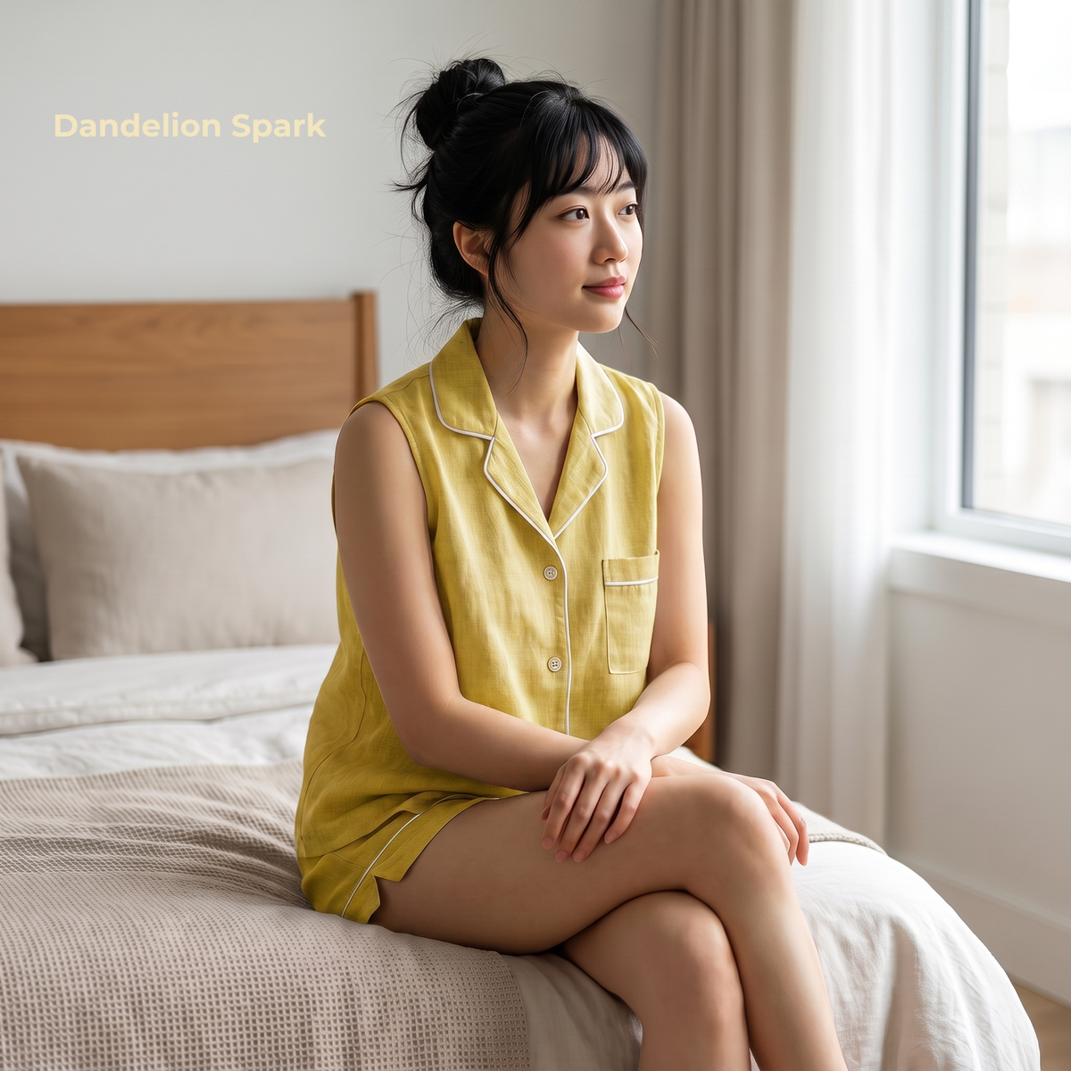 Woman in yellow sleeveless shirt sitting on a bed in a bright room with 'Dandelion Spark' text.