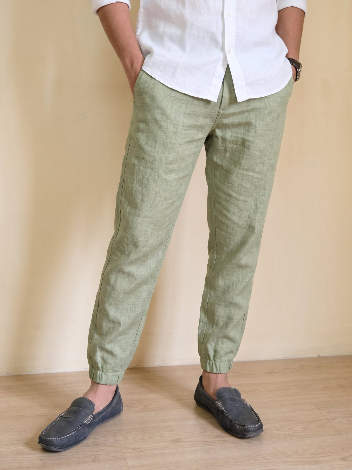 Men's linen joggers in Pistachio Mist with loafers – Axel by OrganoLinen