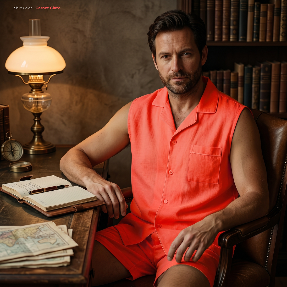 Men's Pure Linen Pajamas Sleeveless Top & Shorts Set in Garnet Glaze – Rex by OrganoLinen