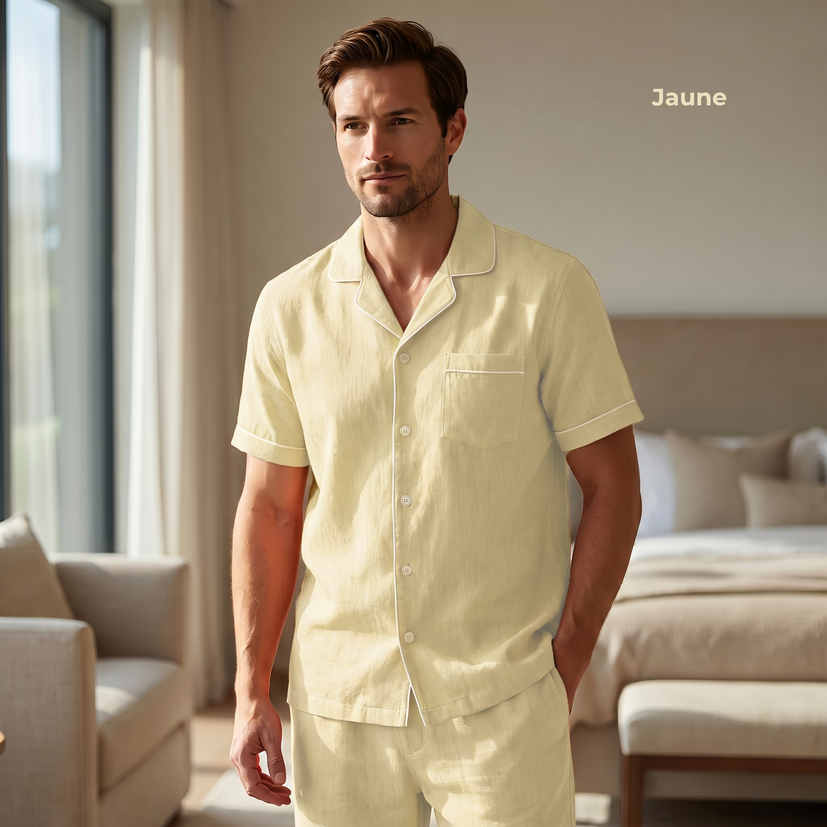 Men's Pure Linen Pajamas Short Sleeve Top & Shorts Set in Jaune – Theo by OrganoLinen