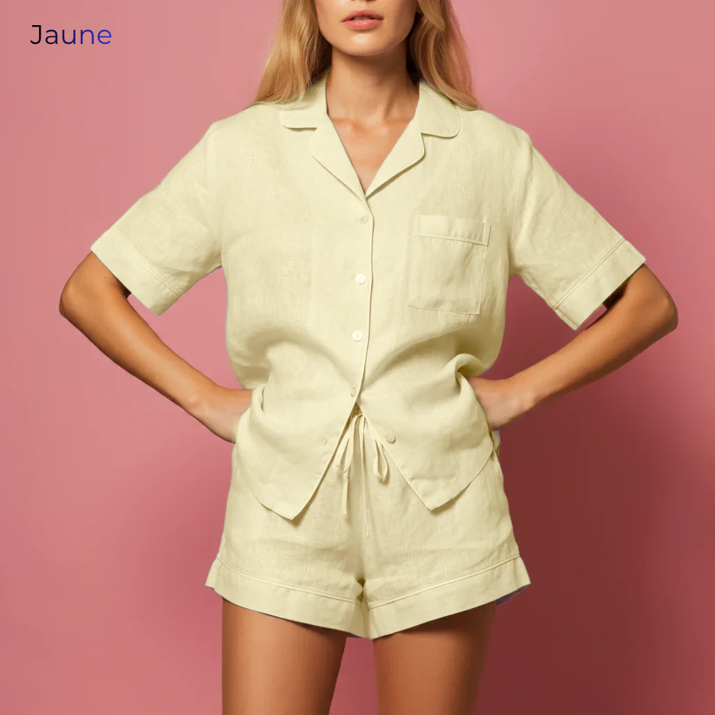 Women’s Pure Linen Pajamas– Short Sleeve Top & Shorts in Jaune – Isla by OrganoLinen