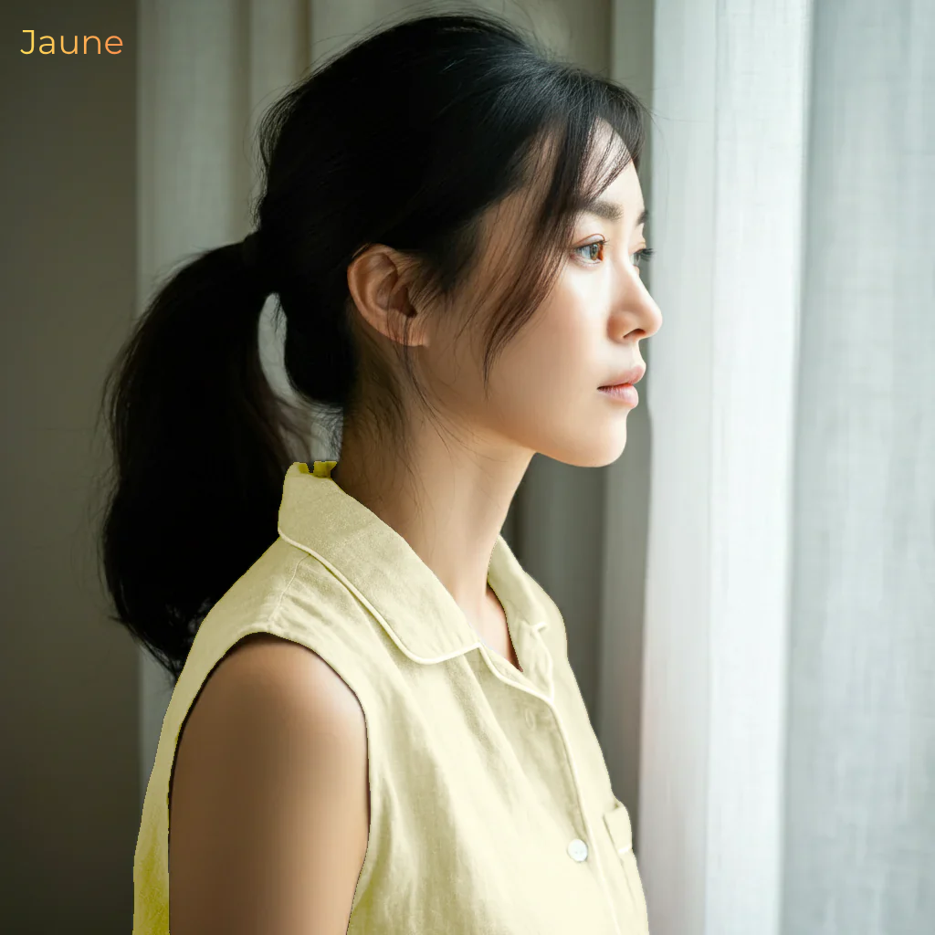 Woman in a yellow shirt standing by a window with light streaming in