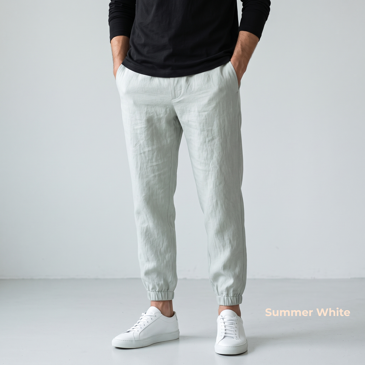 ARLO-M Men's Pure Linen Jogger Pants – Half Elastic Waist