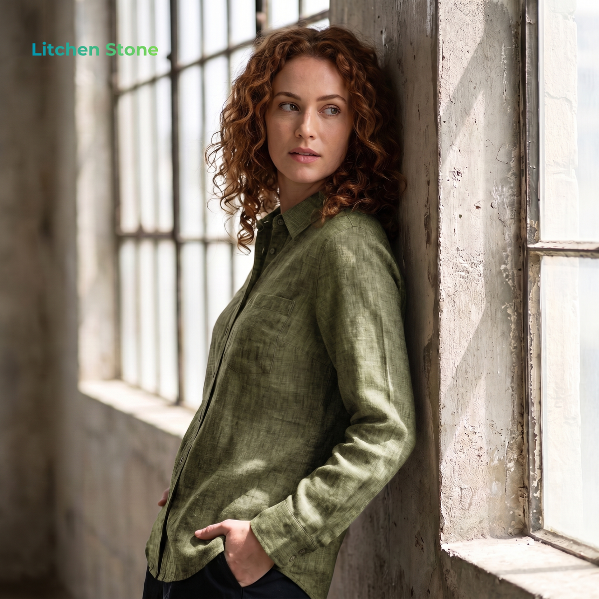 Women's Shirt in Heavy Linen in Lichen Stone – Willow by OrganoLinen