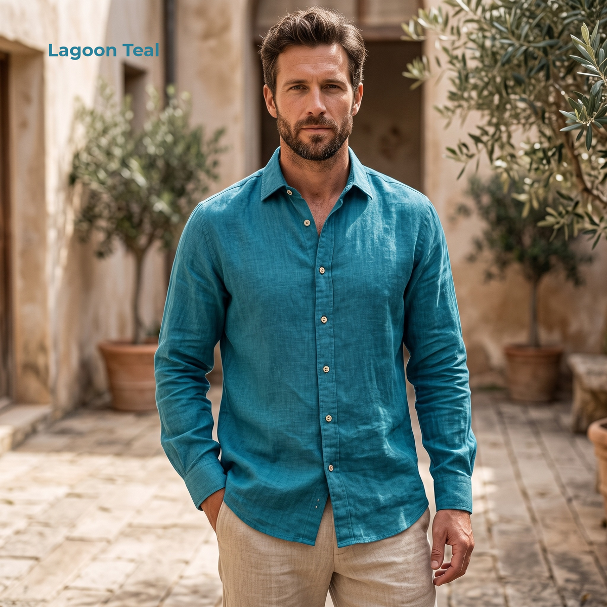 HARBOR-MLS Men's Blue Linen Shirt – Long Sleeve, Custom Fit