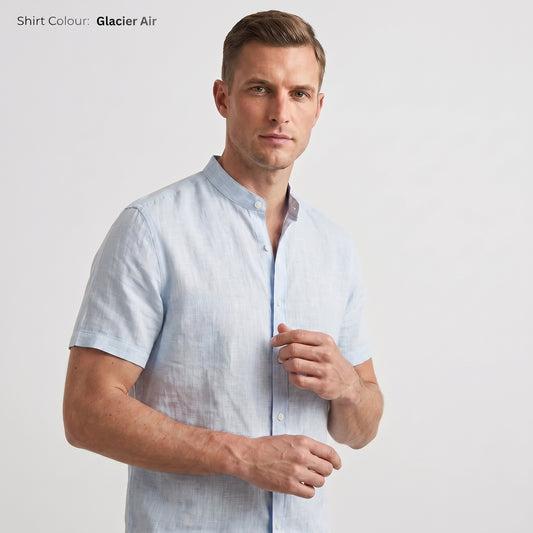 HARBOR-MSS Men's Blue Linen Shirt – Short Sleeve, Custom Fit