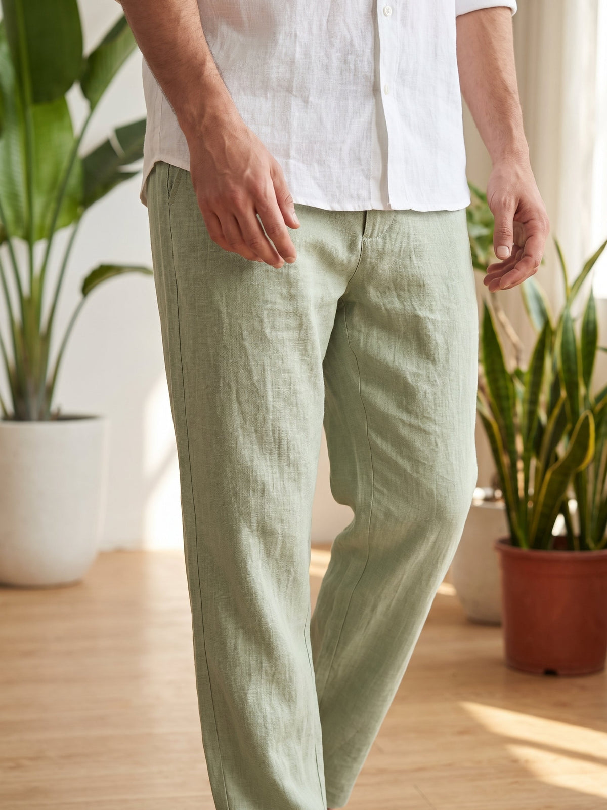 Men's linen joggers in Pistachio Mist, walking – Axel by OrganoLinen