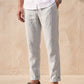 HUGO men's linen pants with half elastic waist in Vanilla Flax, shown with matching fabric swatch – OrganoLinen