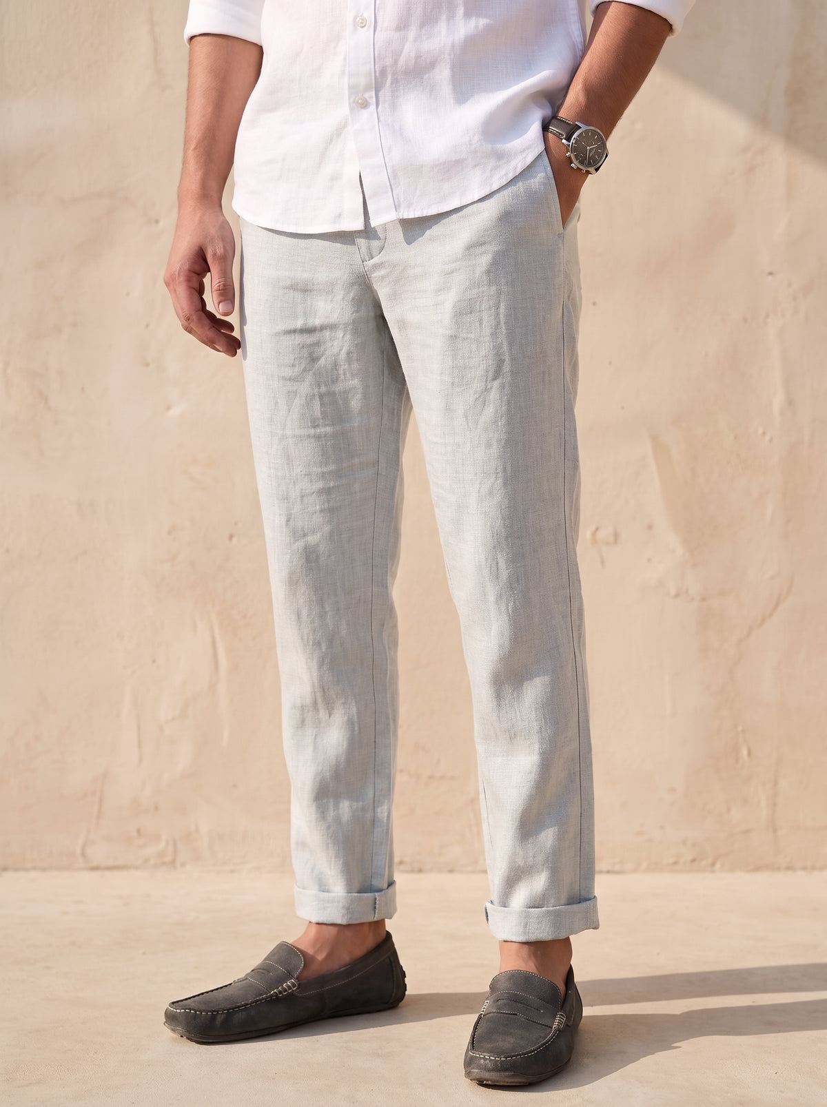 HUGO men's linen pants with half elastic waist in Vanilla Flax, shown with matching fabric swatch – OrganoLinen