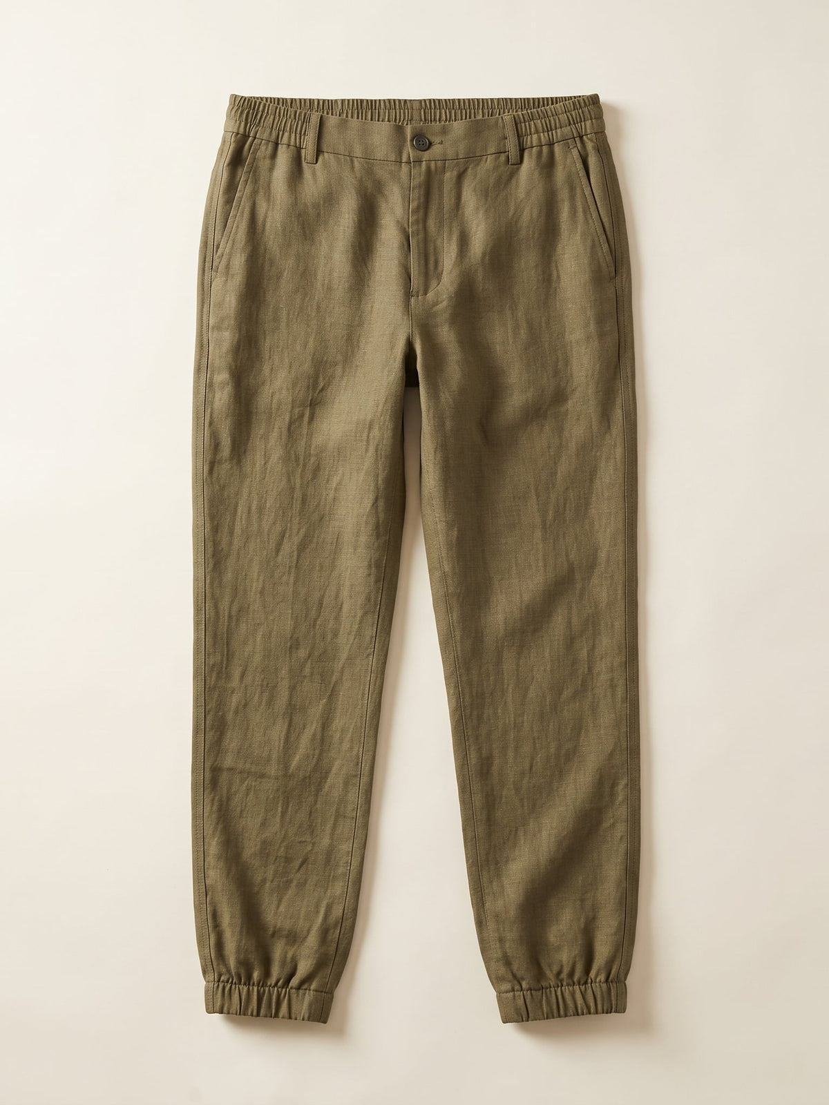 Men's linen joggers in Olive Earth, flat lay – Axel by OrganoLinen