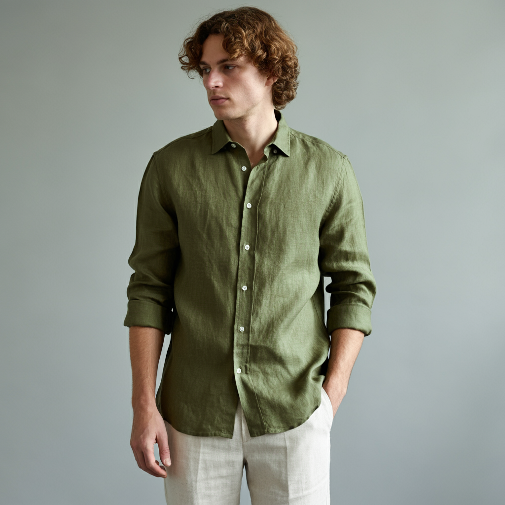FOREST Men's Green Linen Shirt  Full Sleeve & Made to Order