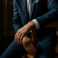 A man seated, wearing a navy-colored, unlined linen suit with a white shirt and a patterned tie.