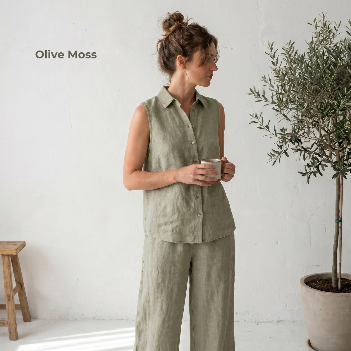 Women's Pure Linen Set in Olive Moss – Elara by OrganoLinen