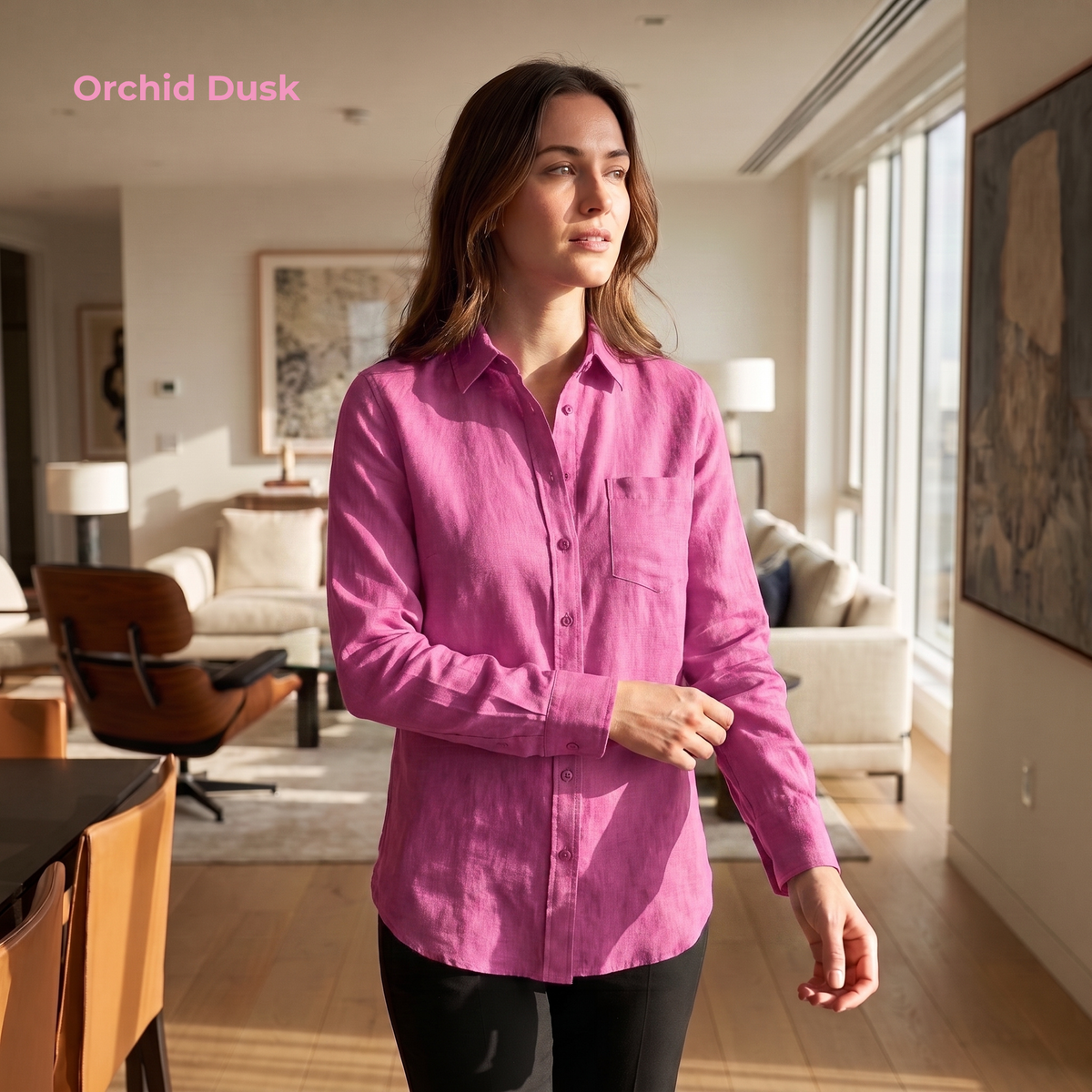 Women's Linen Shirt in Orchid Dusk – Autumn by OrganoLinen