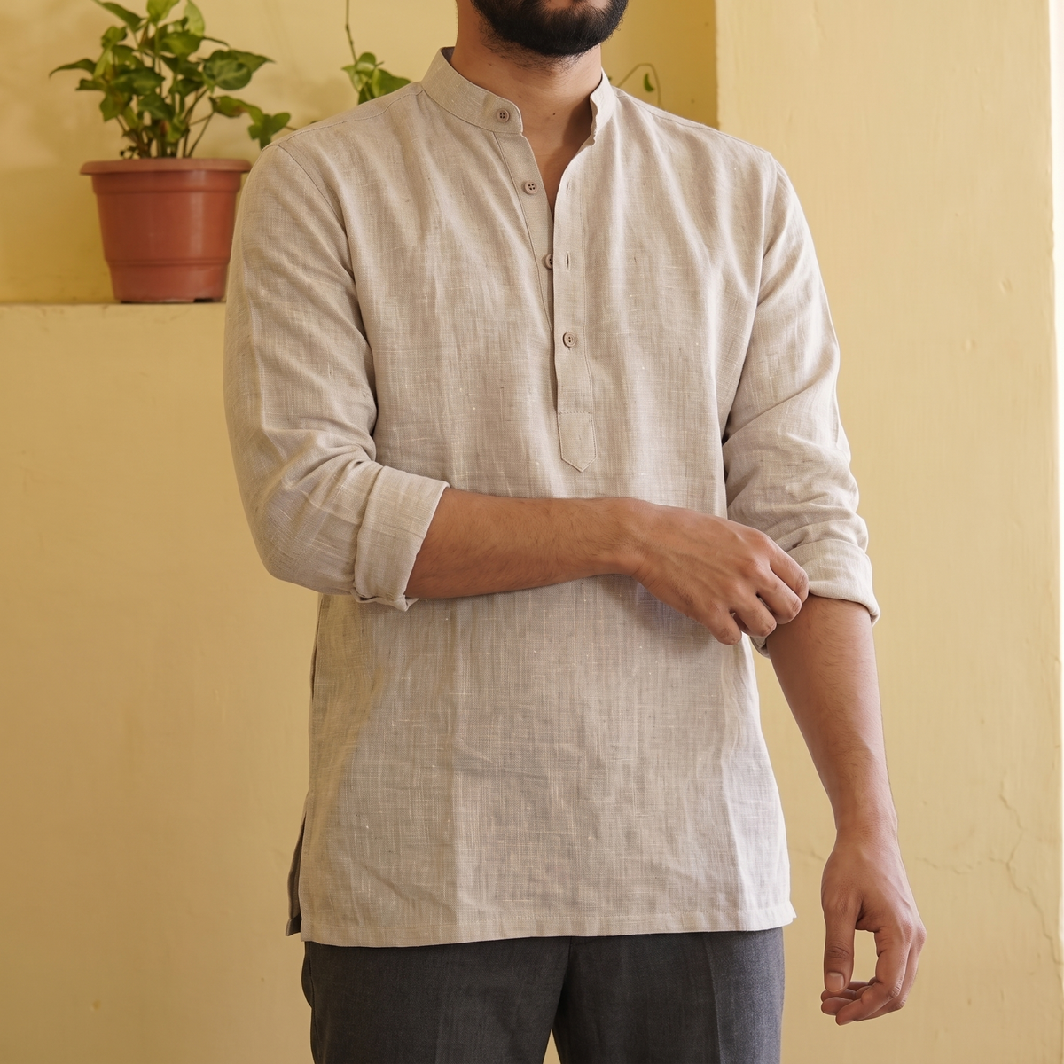RAMY men's long-sleeve linen kurta in Cloud Haze