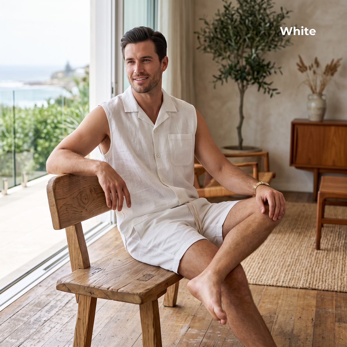 Men's Pure Linen Pajamas Sleeveless Top & Shorts Set – Rex by OrganoLinen