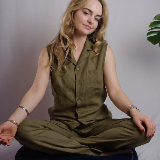 KAIA Women's Linen Pajama Set – Sleeveless Top & Pants
