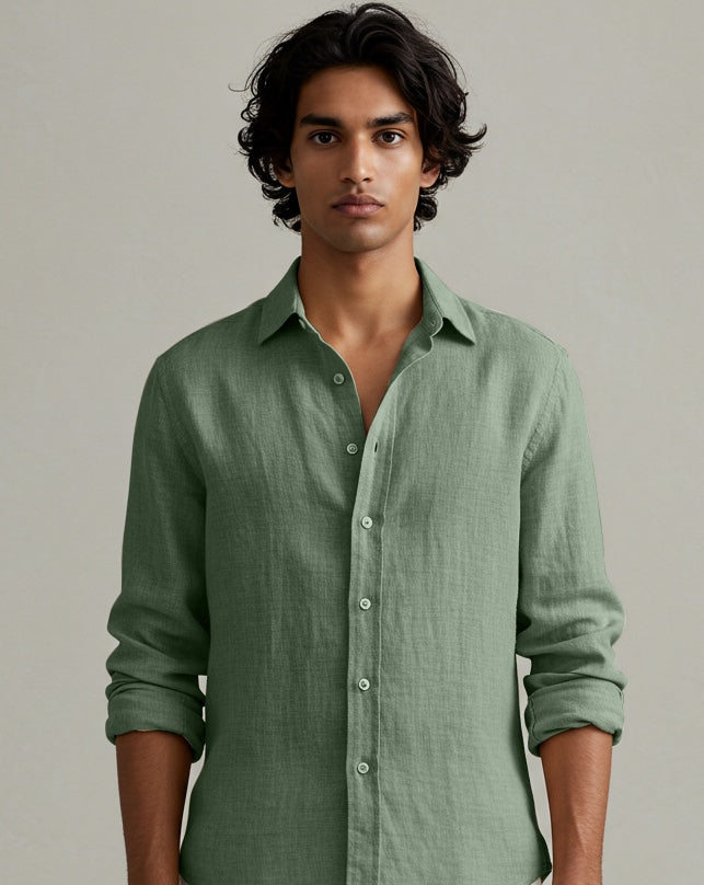 FOREST-MLS Men's Green Linen Shirt – Long Sleeve, Custom Fit