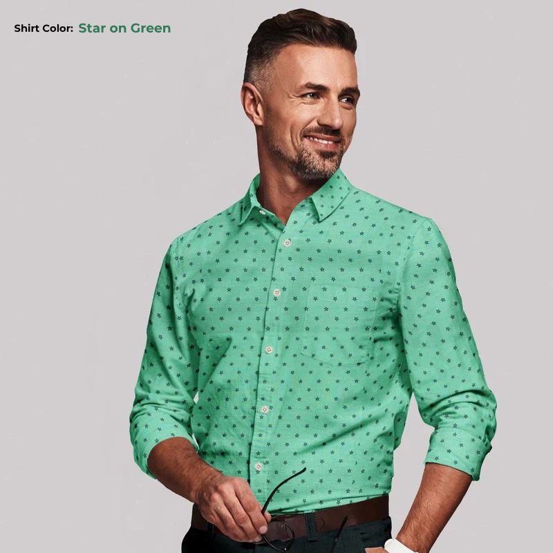 Men's Printed Linen Shirt in Star On Green – Forestwind by OrganoLinen