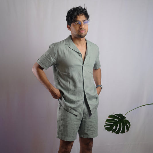 THEO Men's Linen Pajama Set – Short-Sleeve Top & Shorts