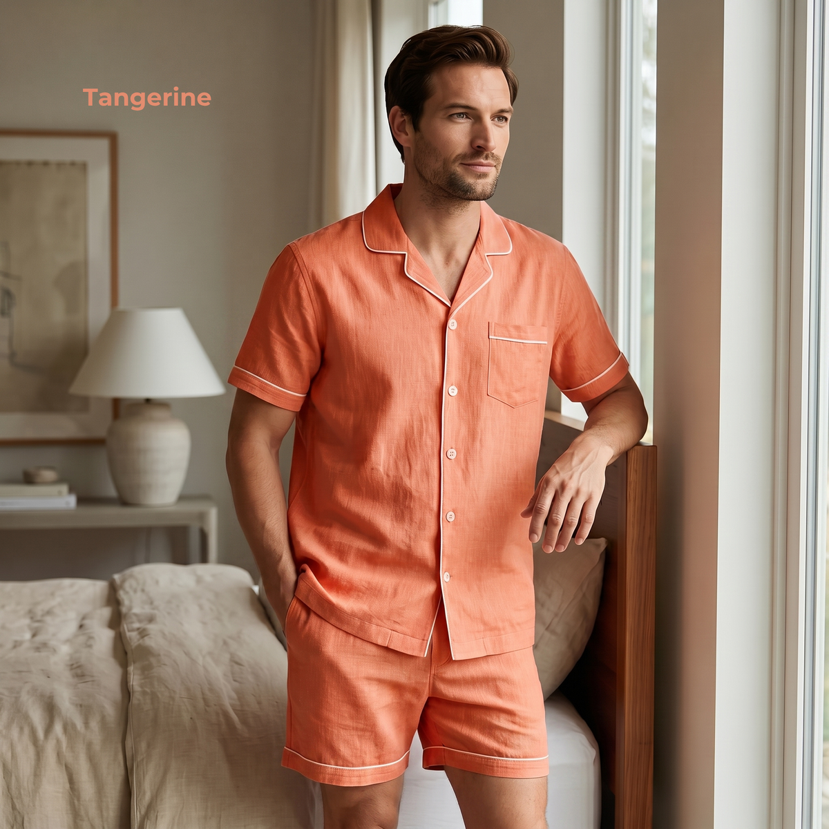 Men's Pure Linen Pajamas Short Sleeve Top & Shorts Set in Tangerine – Theo by OrganoLinen