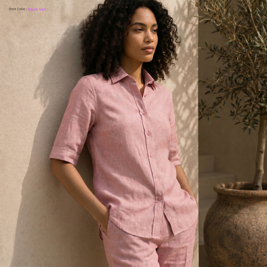 SORA Women's Pure Linen Set – Short Sleeve Top & Pants Co-ord