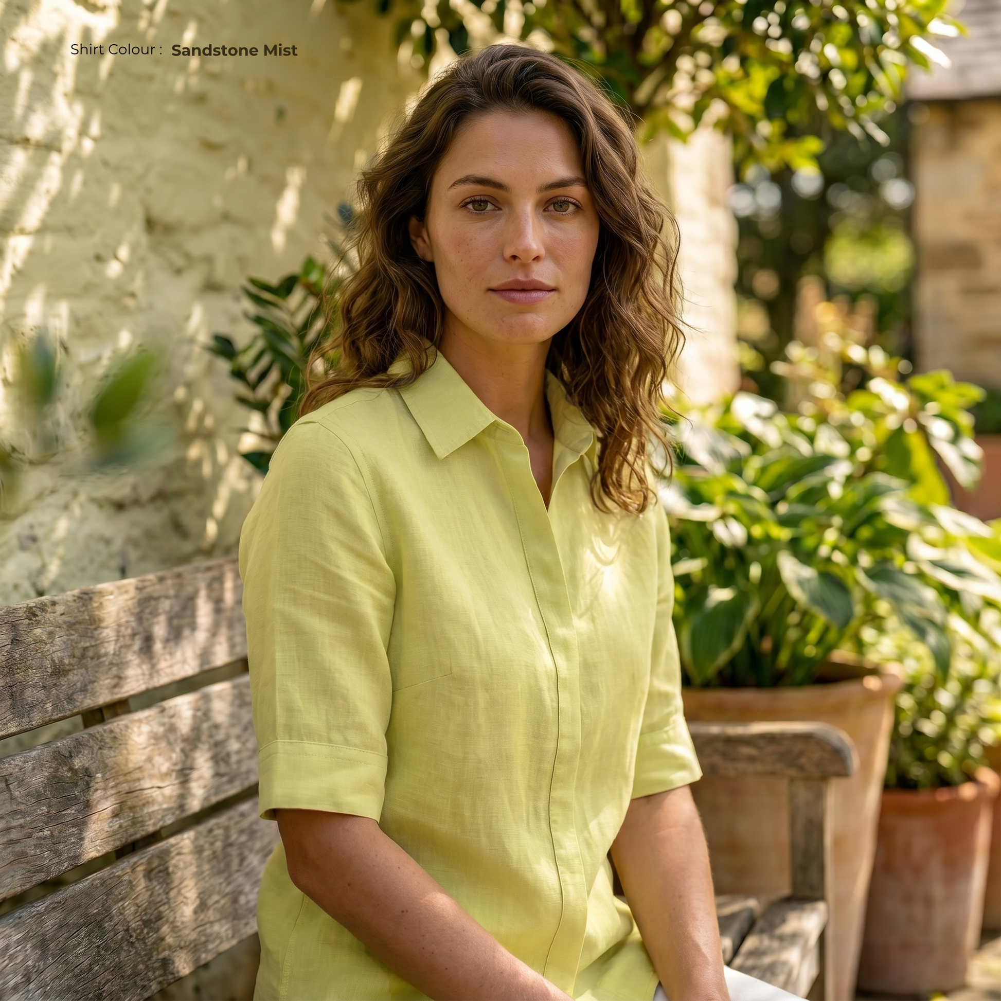SUNNY Women's Yellow Linen Shirt Short Sleeve & Custom Fit SUNNY Women's Yellow Linen Shirt Short Sleeve & Custom Fit