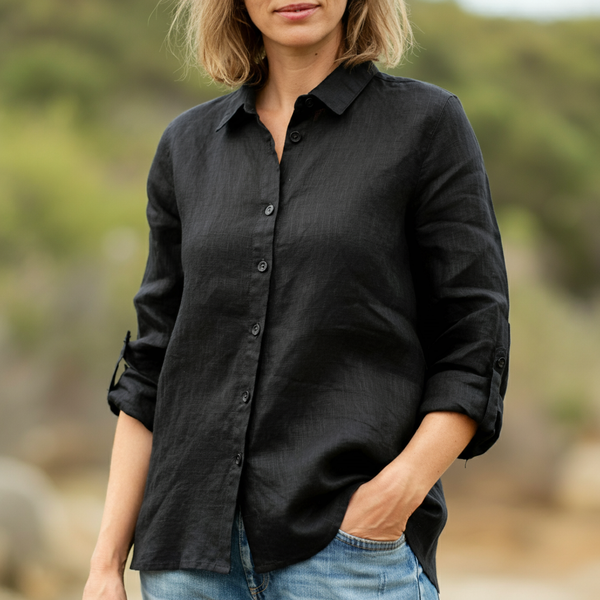 RAVEN Women's Black Linen Shirt Full Sleeve & Custom Fit — free download
