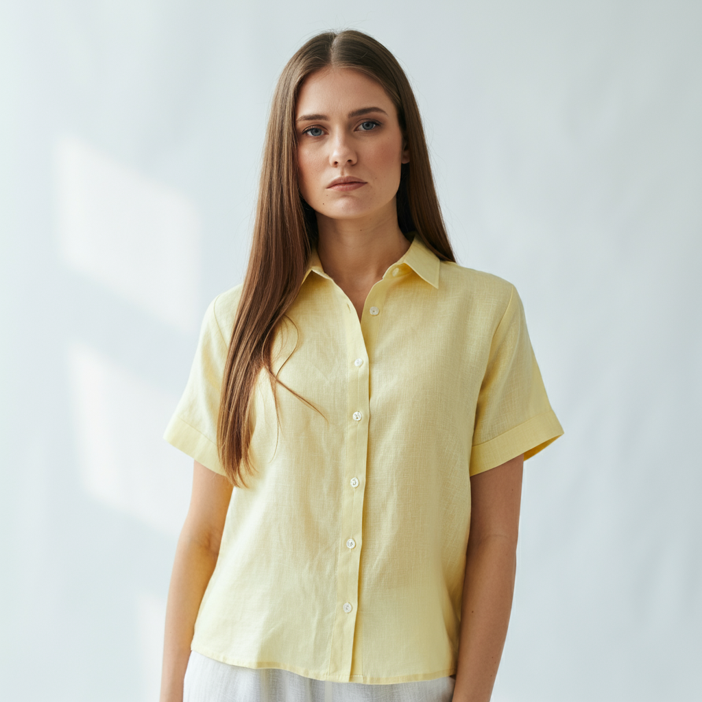 SUNNY Women's Yellow Linen Shirt – Short Sleeve & Custom Fit