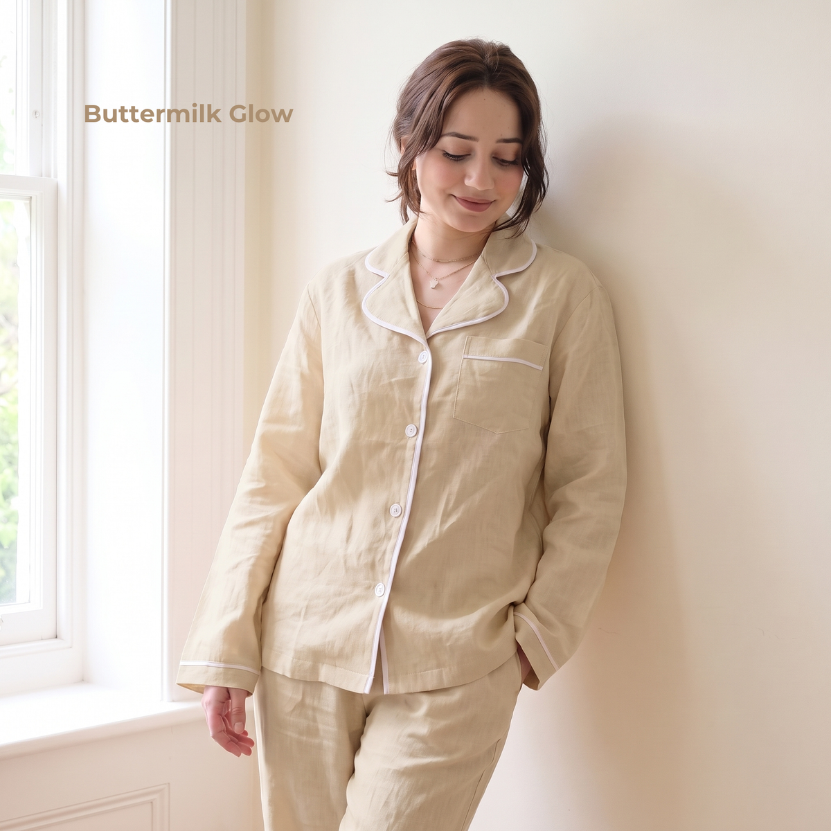 Women's Pure Linen Pajamas Full Sleeve Top & Pants Set in Buttermilk Glow – Aria by OrganoLinen